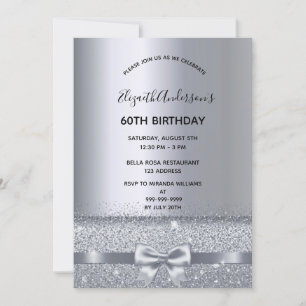 60th birthday party silver metallic sparkle invitation
