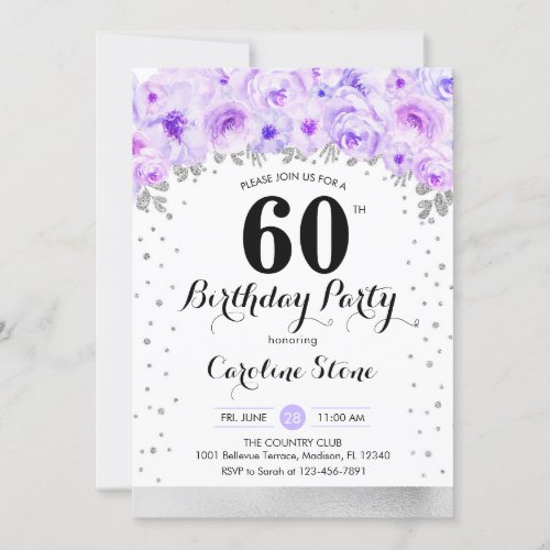 60th Birthday Party _ Silver Purple Flowers Invitation