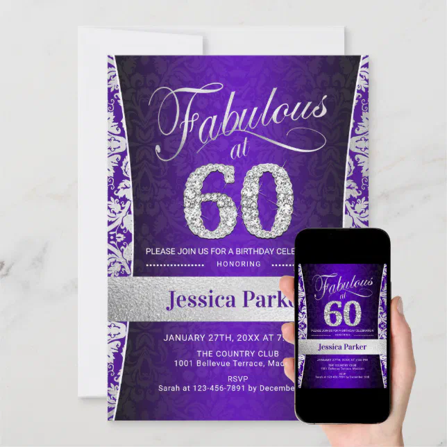 60th Birthday Party - Silver Purple Invitation | Zazzle