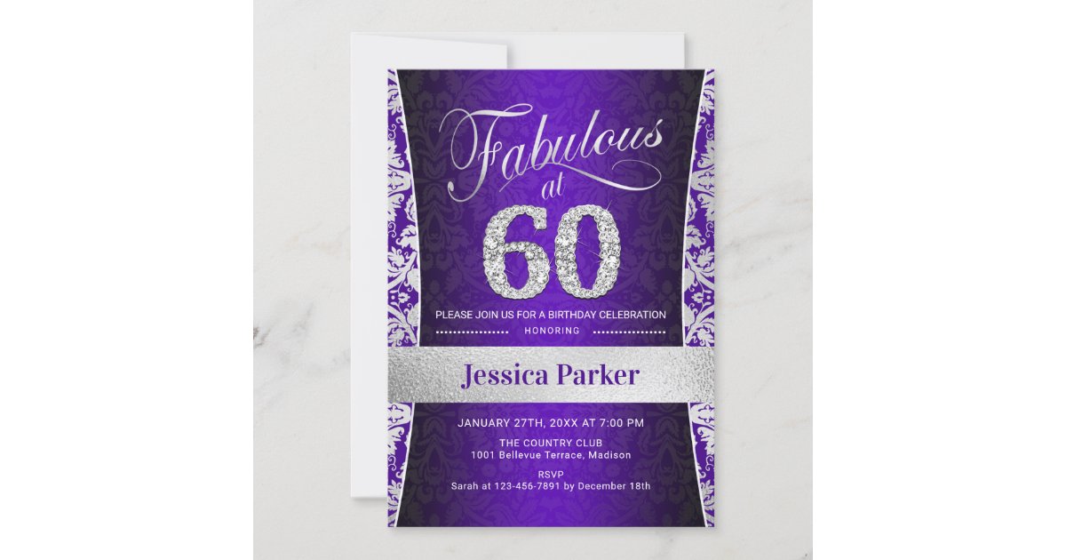 60th Birthday Party - Silver Purple Invitation | Zazzle