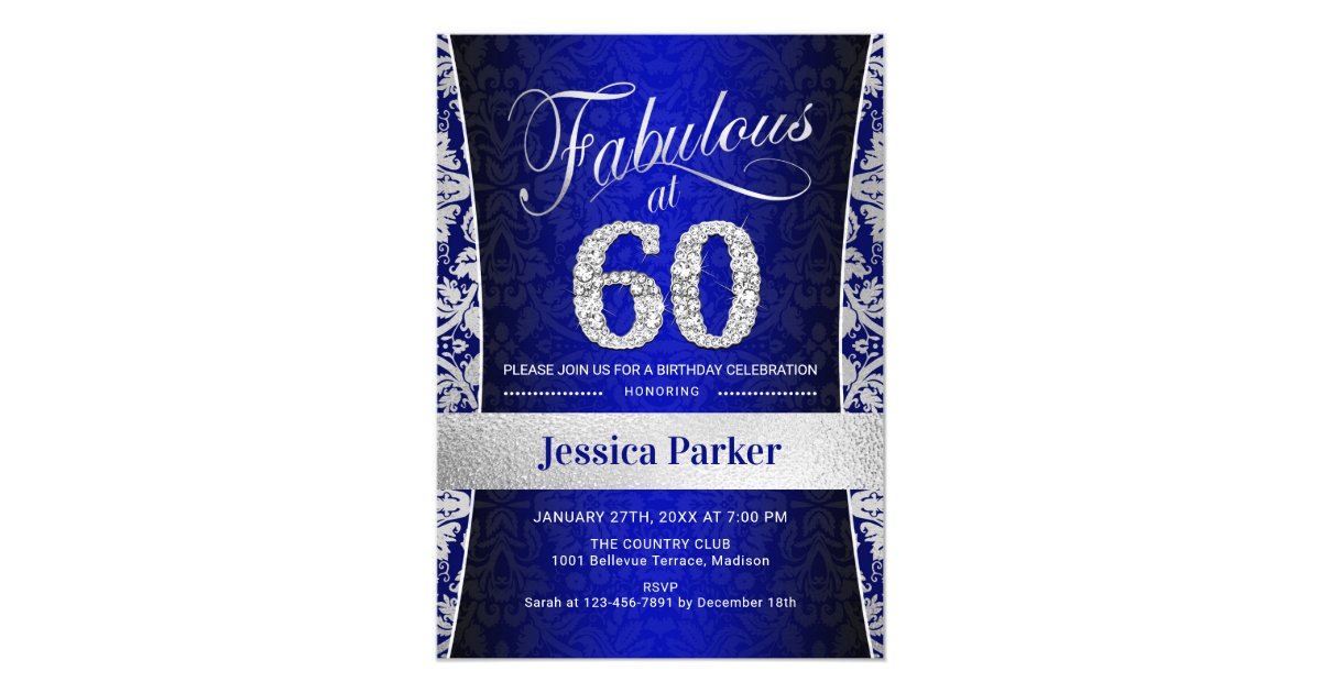 60th Birthday Party - Silver Royal Blue Invitation | Zazzle.com