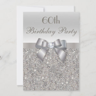 60th Birthday Party Silver Sequins, Bow & Diamond Invitation