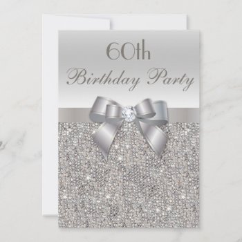 60th Birthday Party Silver Sequins  Bow & Diamond Invitation by AJ_Graphics at Zazzle