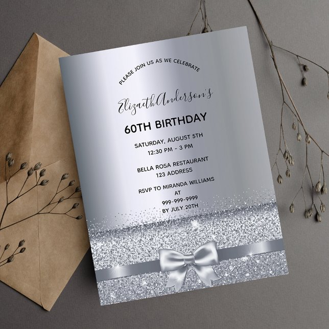 60th birthday party silver sparkle invitation postcard (Creator Uploaded)