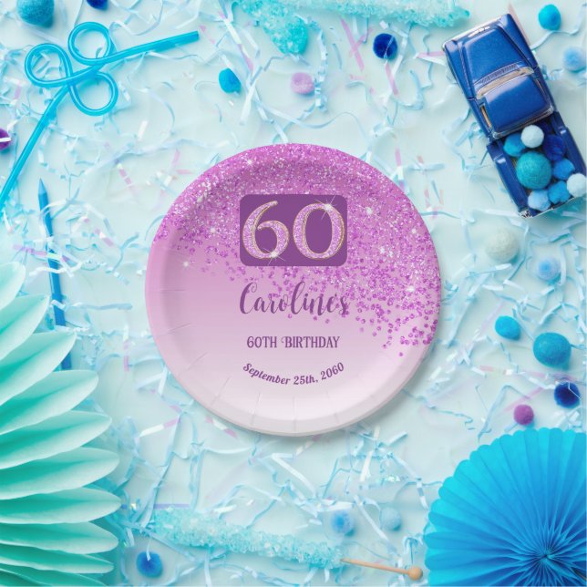 60th Birthday Party Sparkle Pink Glitter Paper Plates (Party)