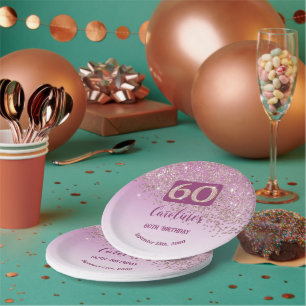 60th Birthday Party Sparkle Rose Gold Glitter Paper Plates