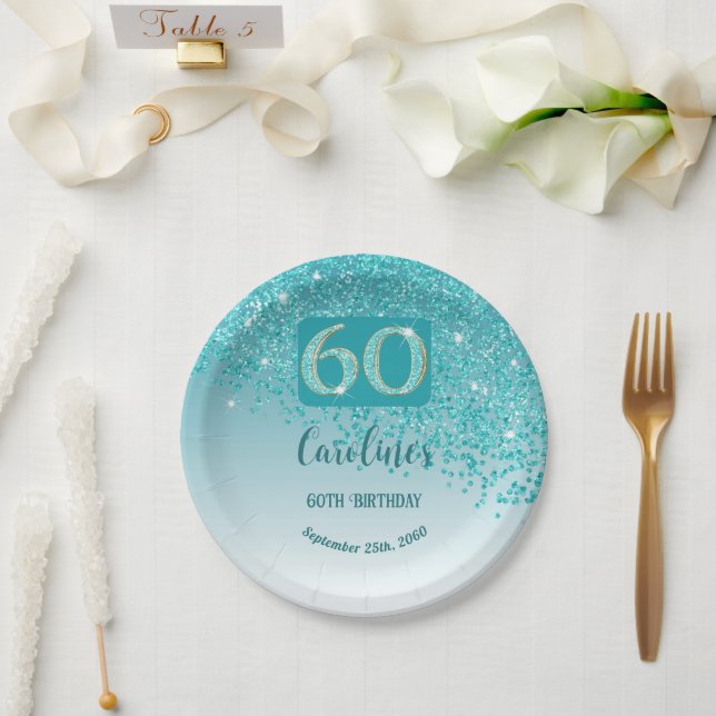 60th Birthday Party Sparkle Teal Blue Glitter Paper Plates (Wedding)