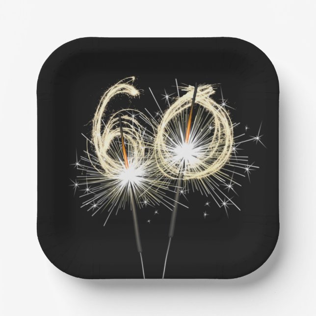 60th Birthday Party Sparklers on Black Paper Plates (Front)