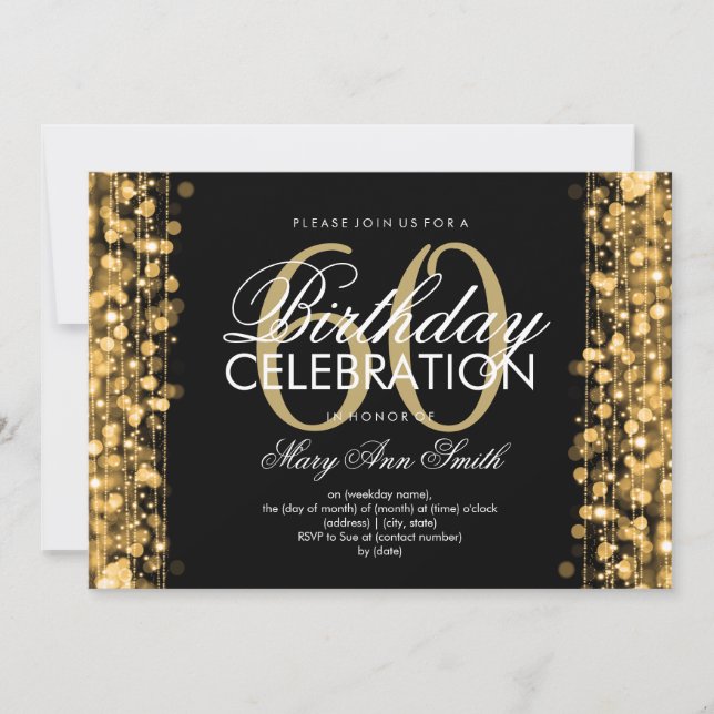 60th Birthday Party Sparkles Gold Invitation (Front)