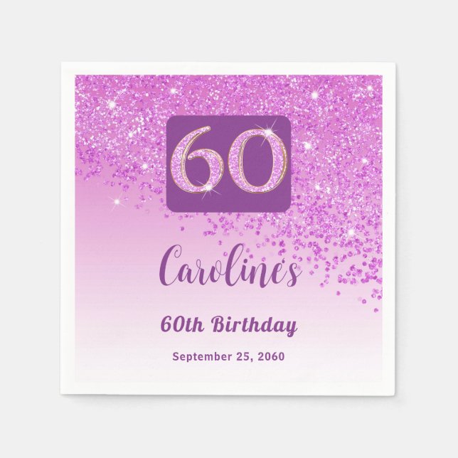 60th Birthday Party Sparkling Pink Glitter Napkins (Front)