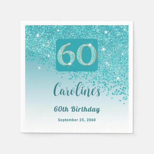 60th Birthday Party Sparkling Teal Blue Glitter Napkins (Front)