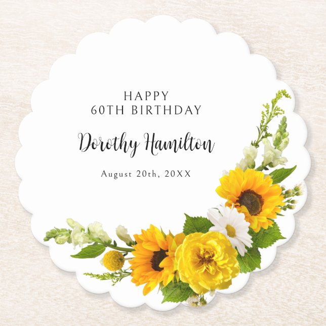 60th Birthday Party Sunflower Daisy Custom Paper Coaster (Front)