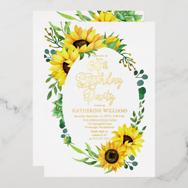 60th Birthday Party Sunflower | Eucalyptus Floral Foil Invitation (Front/Back)