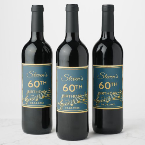 60th birthday party teal green gold music notes wine label