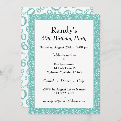 60th Birthday Party TealWhite Number Pattern Invitation