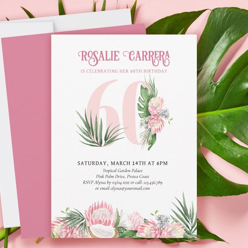 60th Birthday Party Tropical Pink Protea Number 60 Invitation