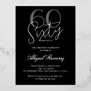60th Birthday Party Typography Photo Black Silver Foil Holiday Postcard