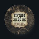 60th Birthday Party Vintage Theme Custom Name Paper Plates<br><div class="desc">Vintage themed 60th Year birthday party paper plates for men in beige and black with a world map Perfect for that special guy in your life turning sixty. Designed by artist ©Susan Coffey.</div>