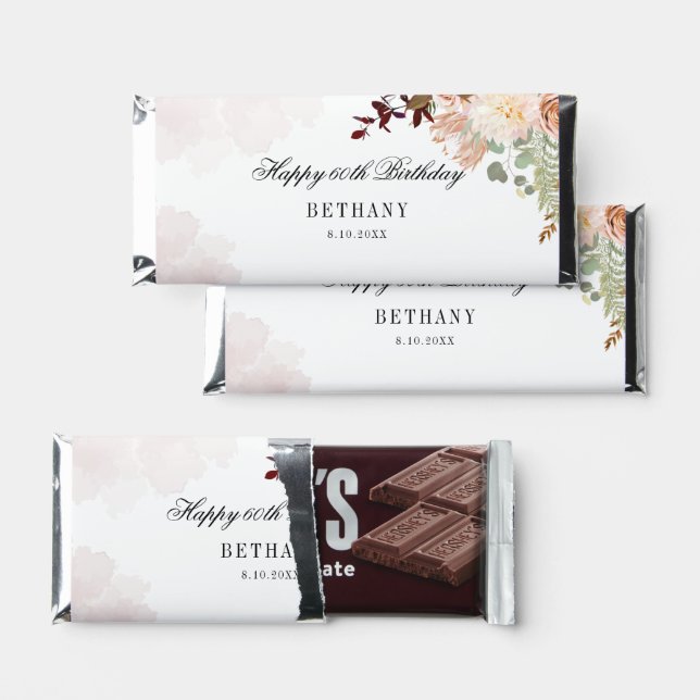 60th Birthday Party Watercolor Floral Hershey Bar Favors (Front)