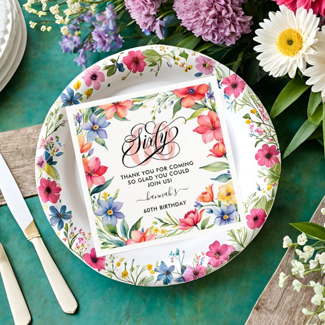 60th Birthday Party Watercolor Floral  Napkins (Creator Uploaded)