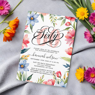 60th Birthday Party Watercolor Floral Photo Invitation