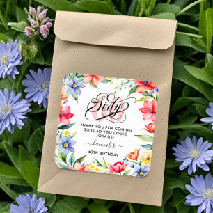 60th Birthday Party Watercolor Floral Square Sticker