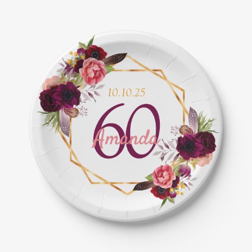 60th birthday party white gold geo floral burgundy paper plates