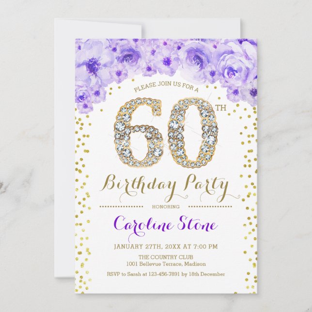 60th Birthday Party - White Gold Purple Invitation (Front)
