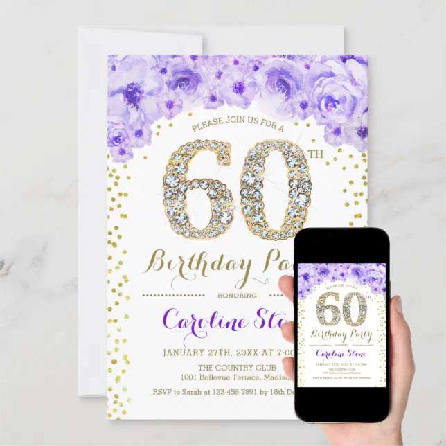 60th Birthday Party - White Gold Purple Invitation | Zazzle