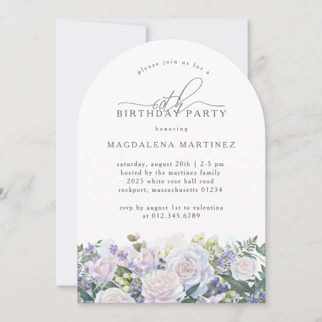 60th Birthday Party White Rose Blue Floral Invitation (Front)