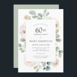 60th Birthday Party White Rose Floral Invitation<br><div class="desc">Honor a special woman with this elegant 60th Birthday party invitation. White roses nestled in soft sage green eucalyptus leaves form a modern botanical frame. All of the text can be edited,  so you can describe your special celebration perfectly</div>