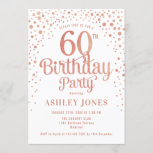 60th Birthday Party - White & Rose Gold Invitation