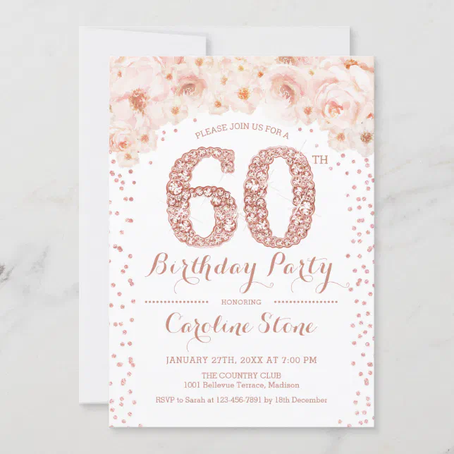 60th Birthday Party - White Rose Gold Invitation | Zazzle