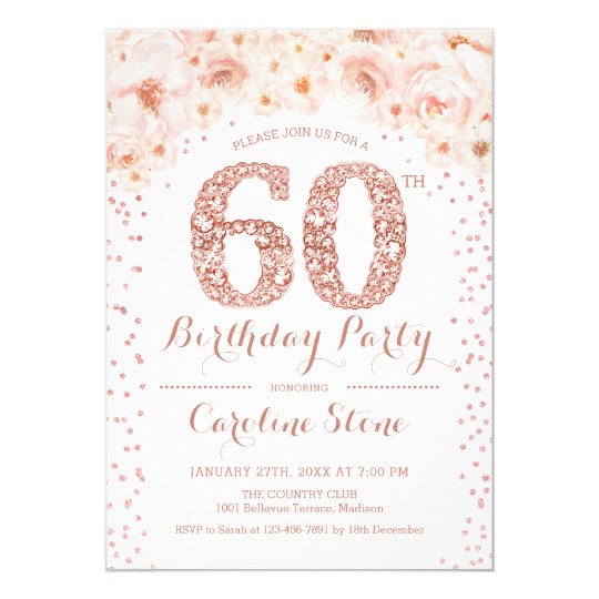 60th Birthday Party - White Rose Gold Invitation | Zazzle.com