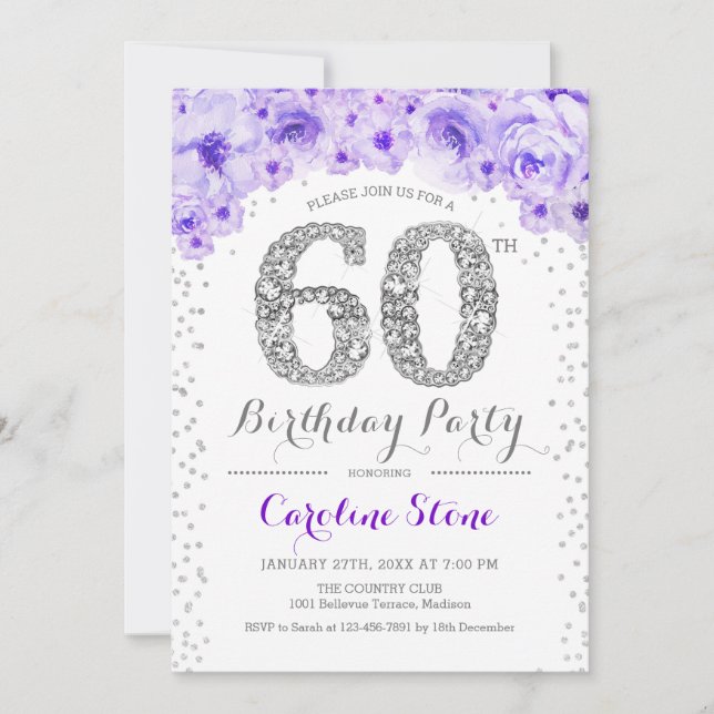60th Birthday Party - White Silver Purple Invitation (Front)
