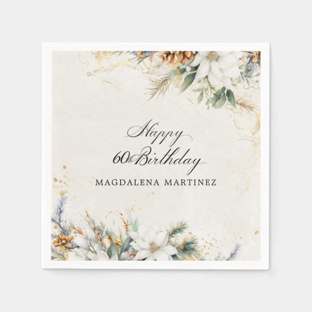 60th Birthday Party White Winter Floral Custom Napkins (Front)