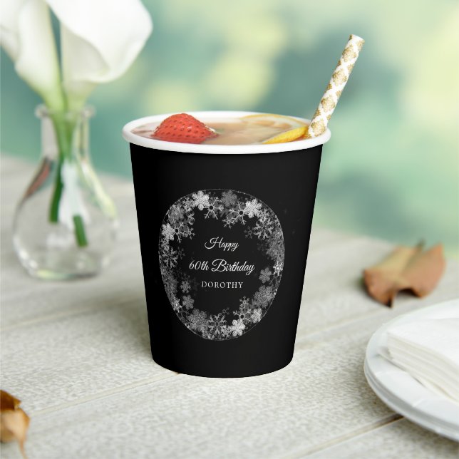 60th Birthday Party Winter Wonderland Snowflake Paper Cups (Insitu)