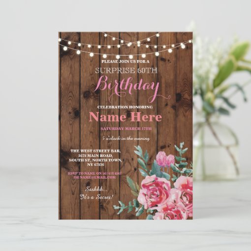 60th Birthday Party Wood Flower Floral Pink Invite | Zazzle