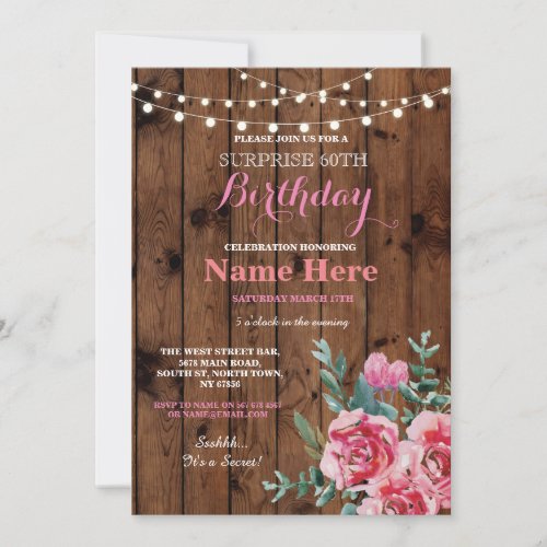 60th Birthday Party Wood Flower Floral Pink Invite