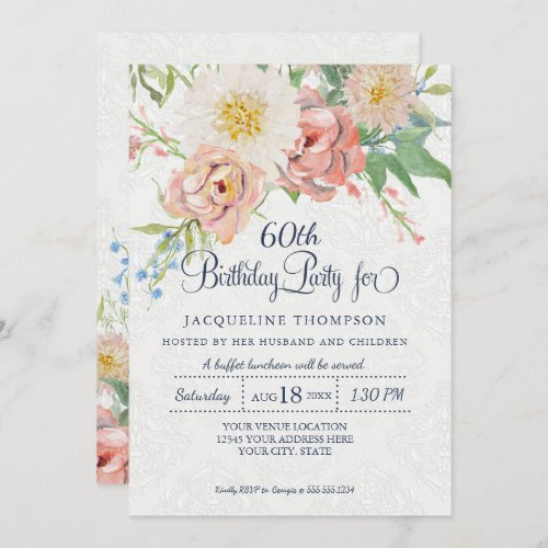 60th Birthday Pastel Blush n White Painted Floral Invitation