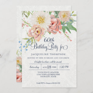 60th Birthday Pastel Blush n White Painted Floral Invitation