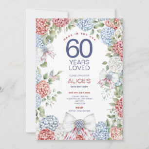 60th Birthday Patriotic Floral, Born on 4th July Invitation