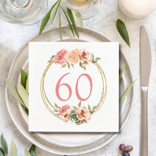 60th Birthday Peach Floral Paper Napkin