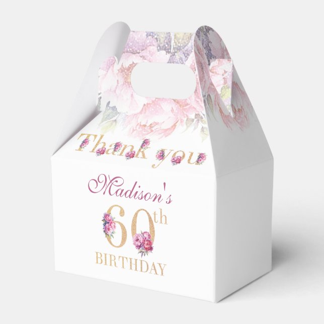 60th Birthday Peonies Pink Gold Glitter Custom Favor Boxes (Front Side)