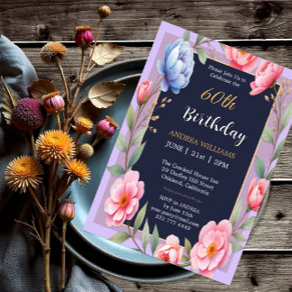 60th Birthday Peonny Flower Roses Wildflowers Invitation