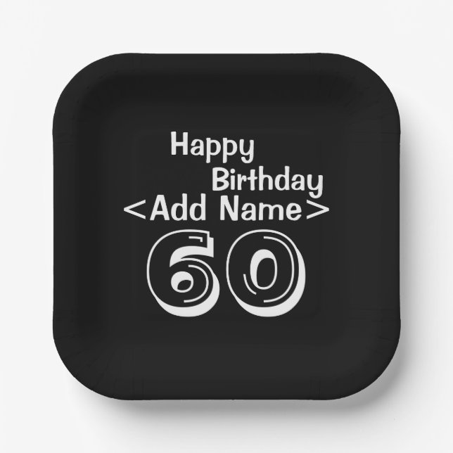 60th Birthday Personalized Black Paper Plate (Front)