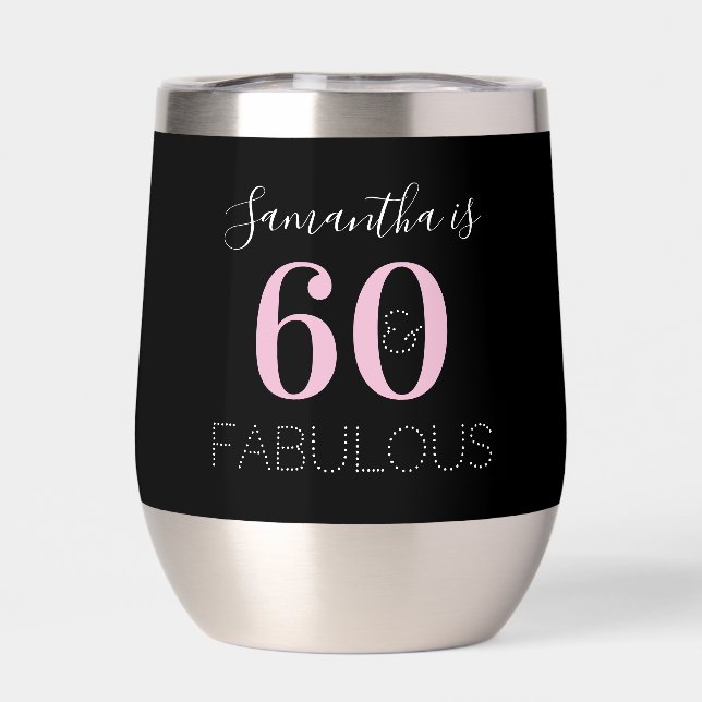 60th Birthday Personalized Black Pink Thermal Wine Tumbler (Back)