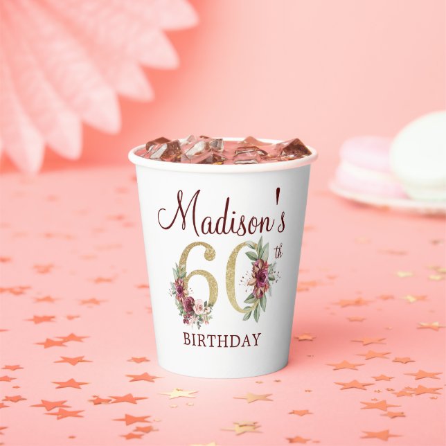60th Birthday Personalized Burgundy Gold Floral Paper Cups (Insitu)