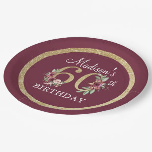 60th Birthday Personalized Burgundy Gold Paper Plates