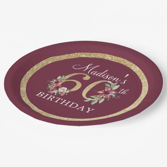 60th Birthday Personalized Burgundy Gold Paper Plates (Angled)